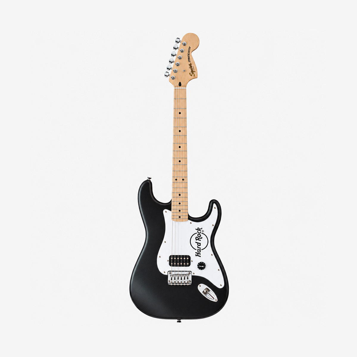 Fender x Hard Rock Stratocaster electric guitar in black with white Hard Rock logo pickguard, maple neck and chrome hardware. image number 1