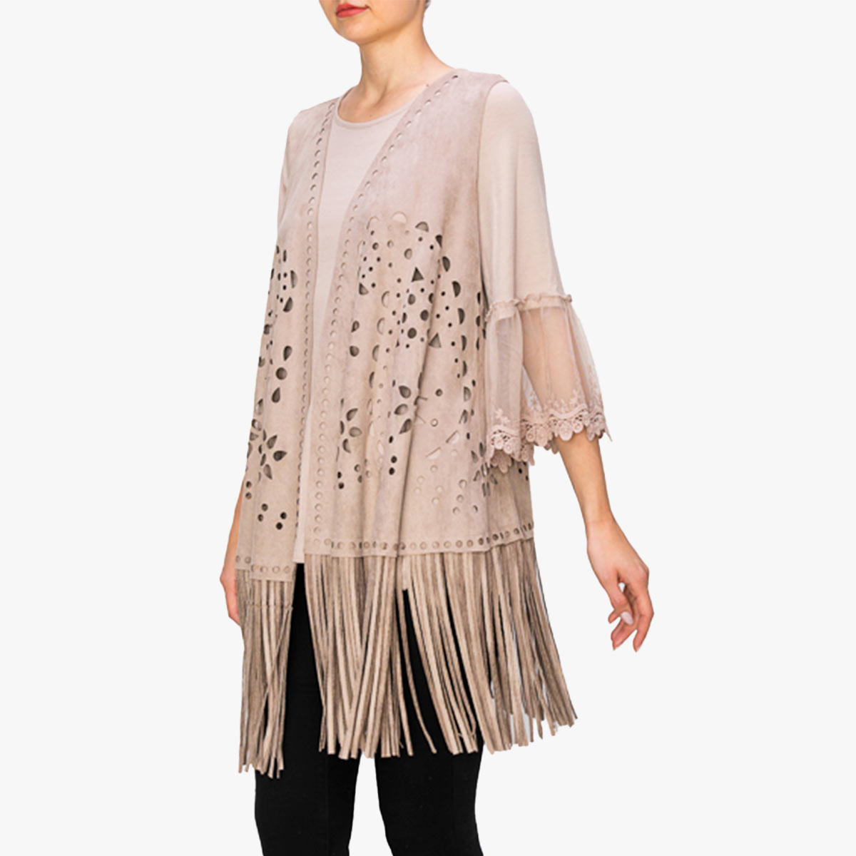 Vegan Suede Laser Cut Fringe Vest in Taupe image number 3