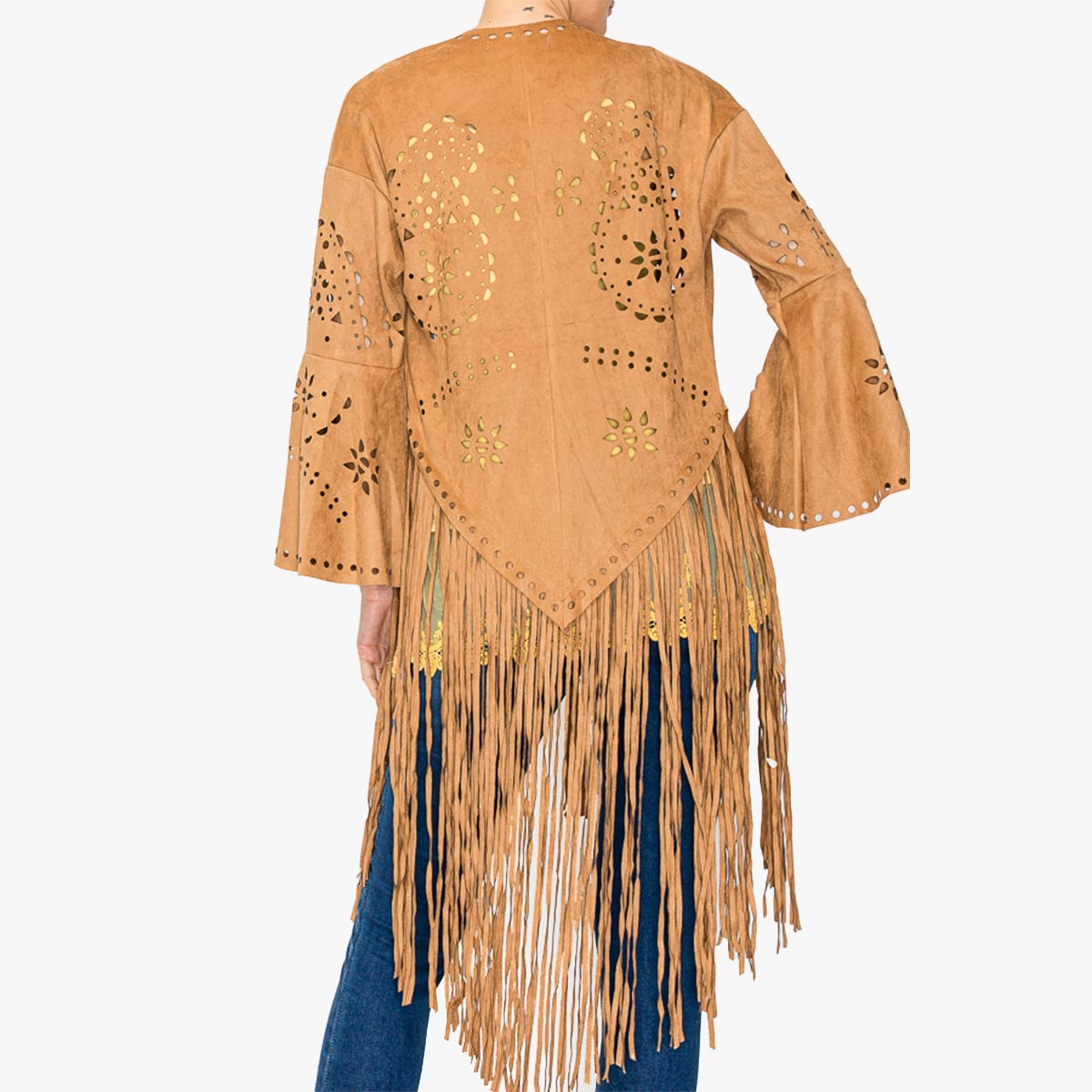 Vegan Suede Laser Cut Fringe Jacket in Camel image number 4