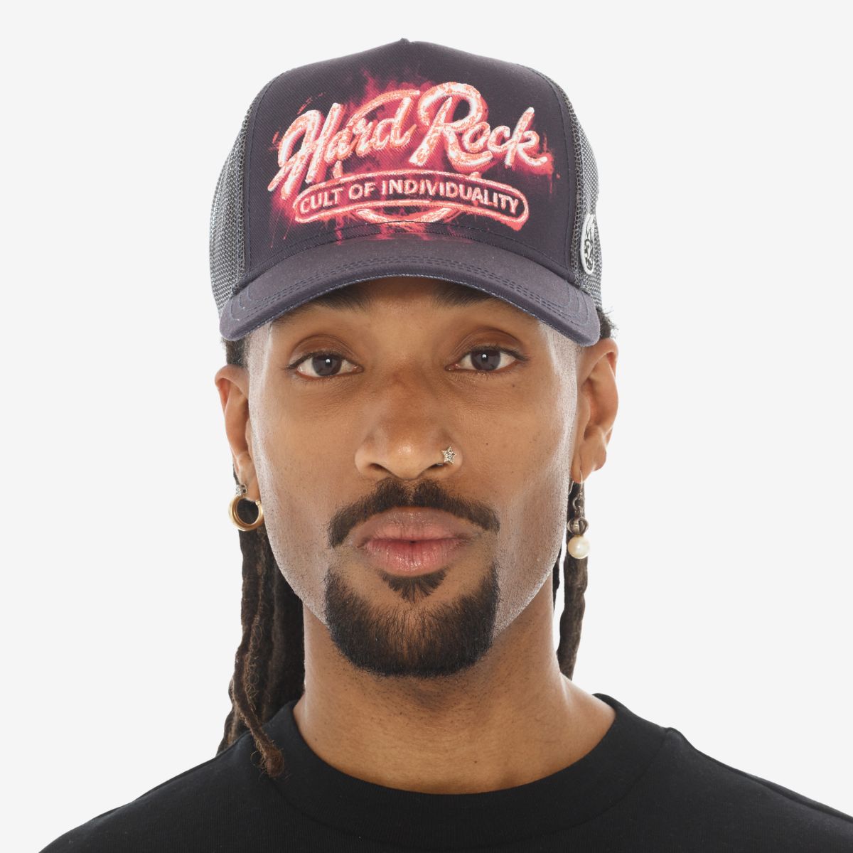 Hard Rock x Cult Graffiti Logo Mesh Trucker Hat in Black image number 1