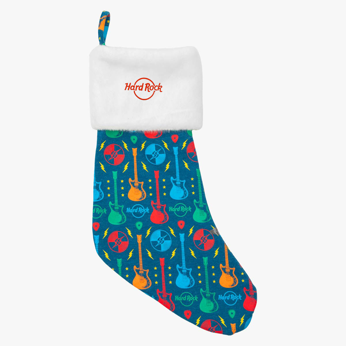Hard Rock Cozy Holiday Stocking in Blue Guitar Print image number 1