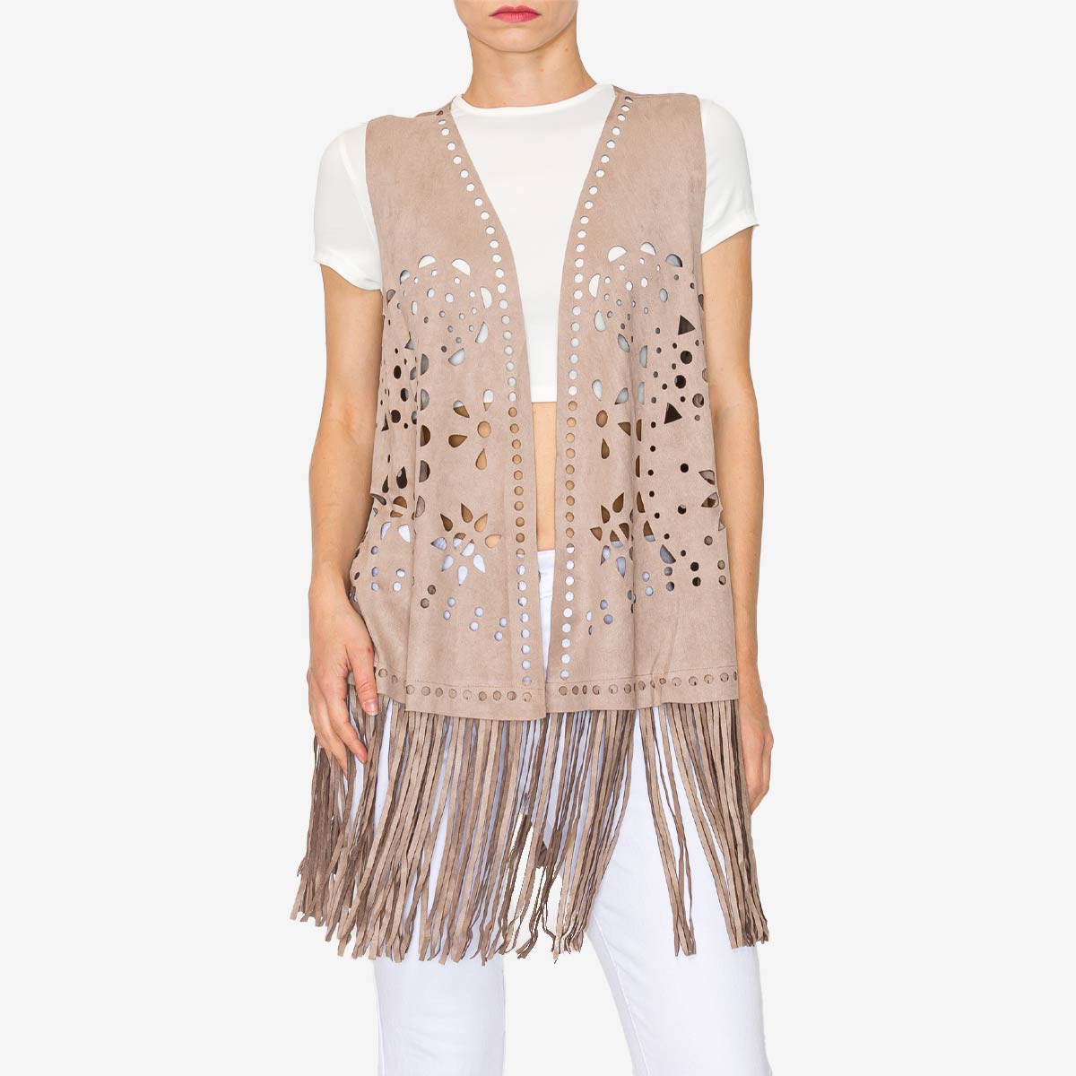 Vegan Suede Laser Cut Fringe Vest in Taupe image number 1