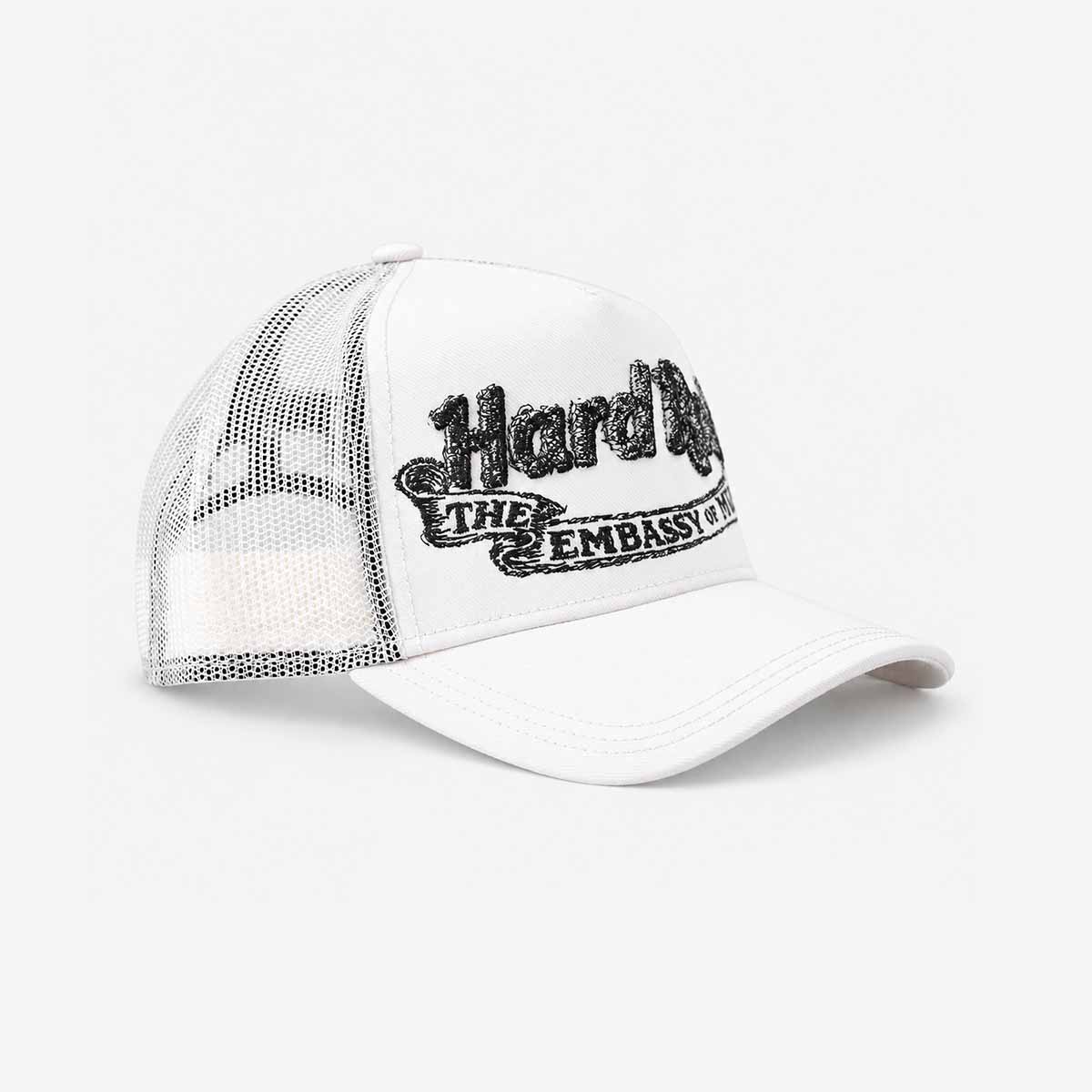 Hard Rock x Cult Banner Motto Mesh Trucker Hat in Winter White image number 4