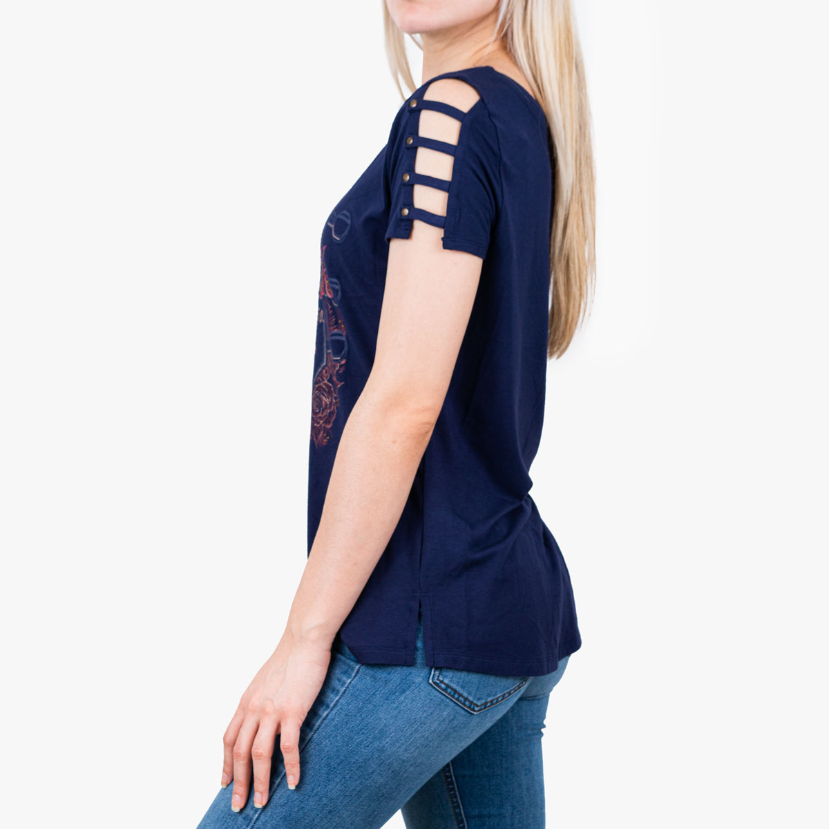 Women's Couture Blue Studded Lattice Sleeve Tee image number 2