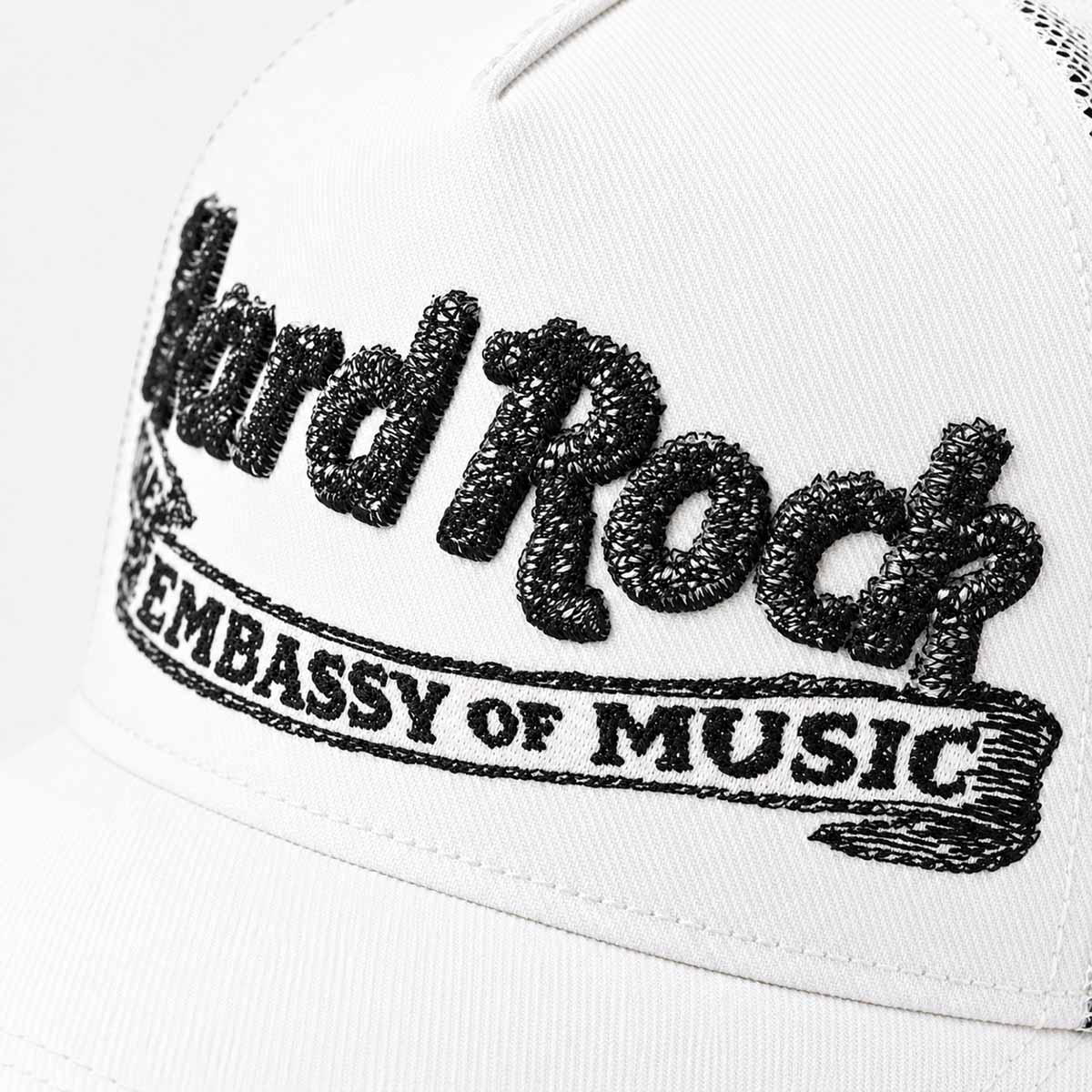 Hard Rock x Cult Banner Motto Mesh Trucker Hat in Winter White image number 7