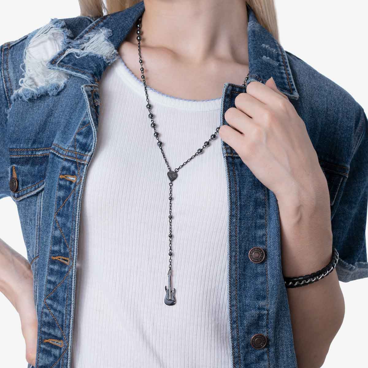 Guitar Pendant Rosary Necklace in Gunmetal Tone image number 1
