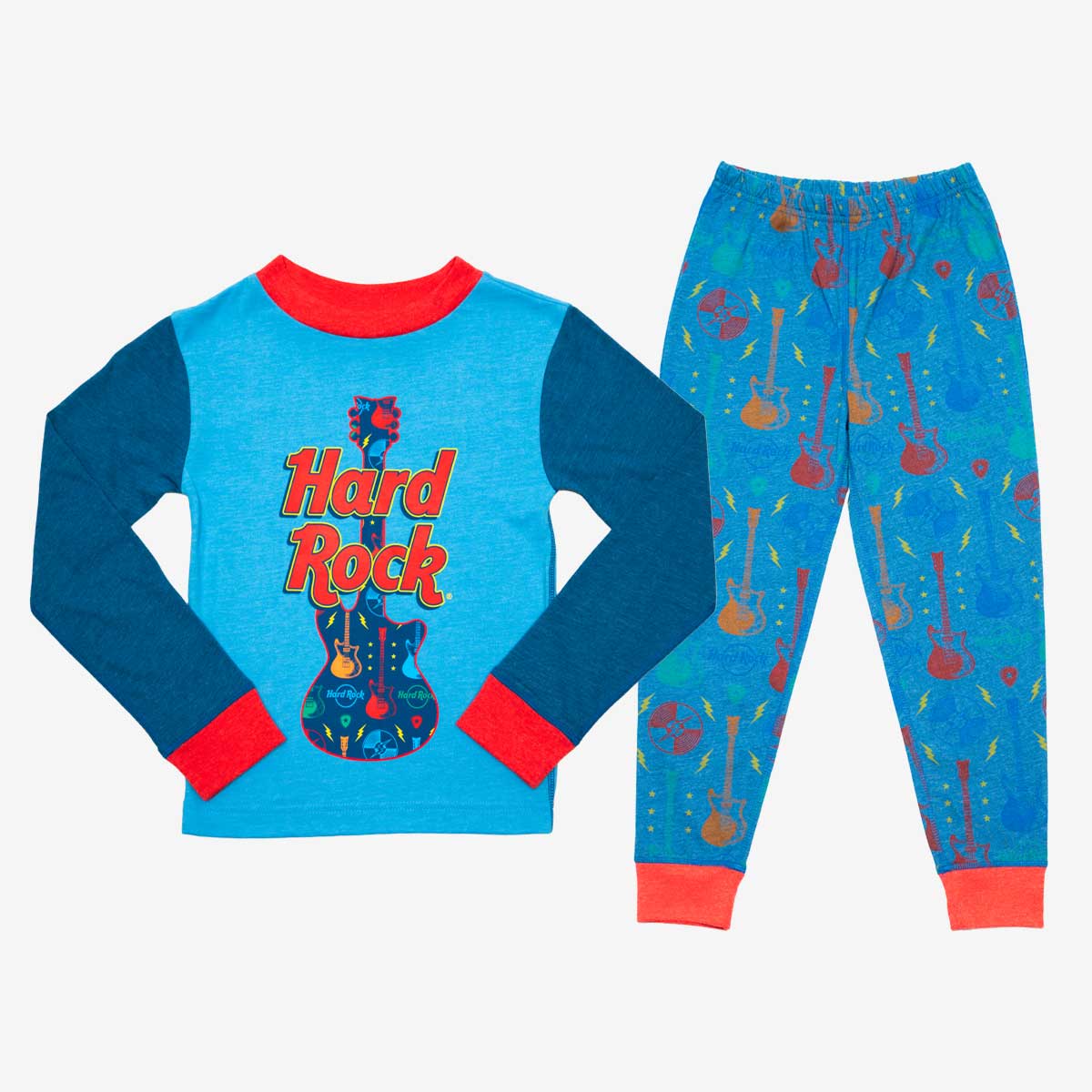 Cozy Holiday Youth Pajama Set in Blue Guitars Print image number 1