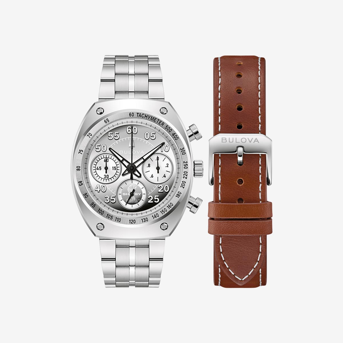 Bulova Limited Edition Shelby Racing Chronograph Watch with polished stainless steel bracelet, silver-tone dial and racing-inspired subdials, with a interchangeable leather strap. image number 1