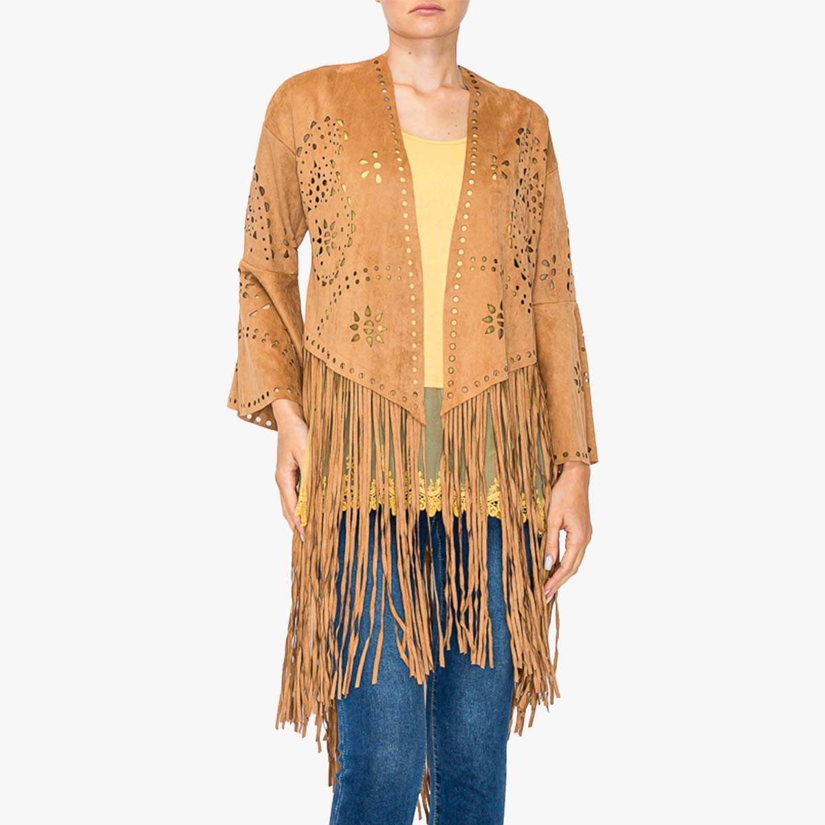 Vegan Suede Laser Cut Fringe Jacket in Camel image number 3