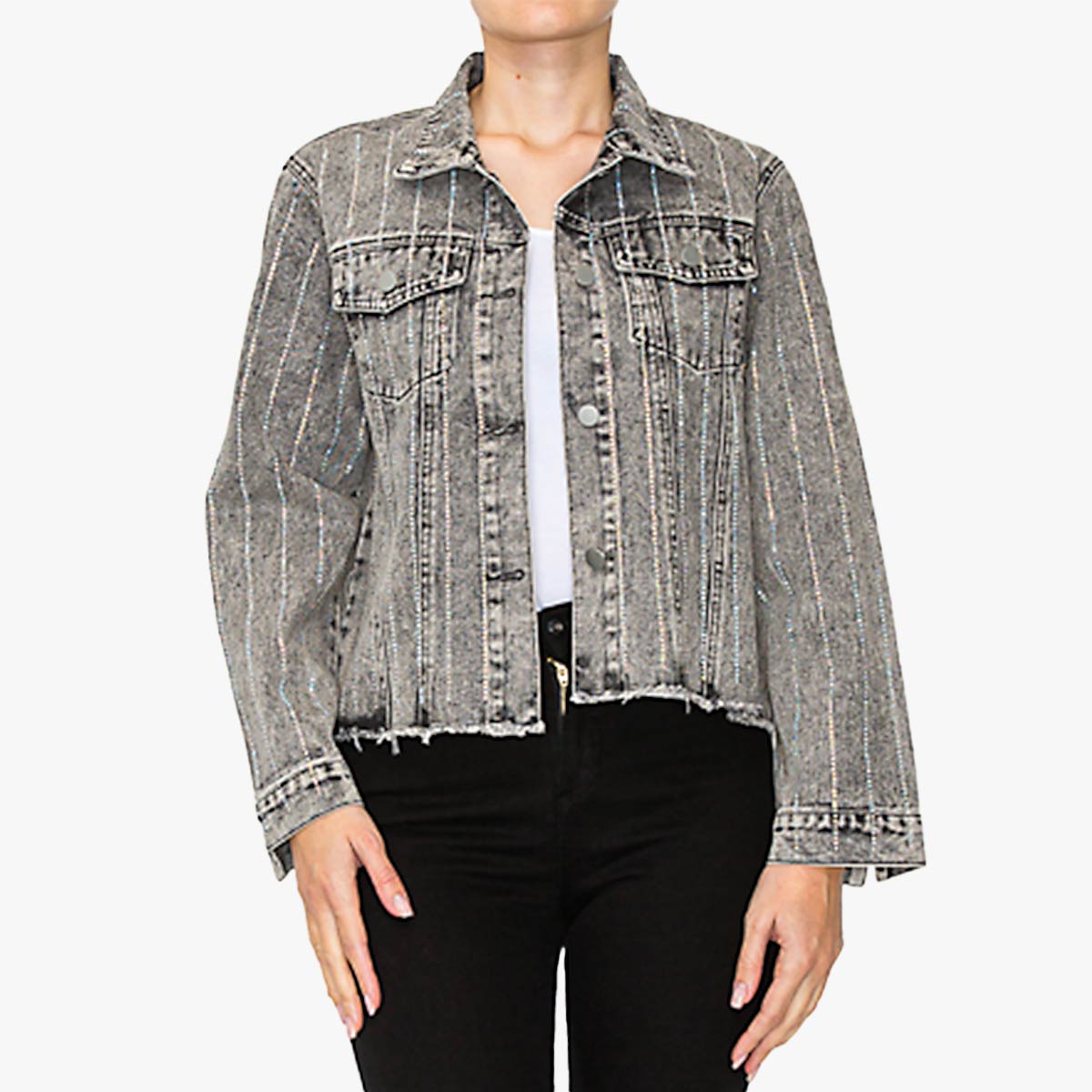 Rhinestone Denim Jacket in Black Acid Wash image number 1