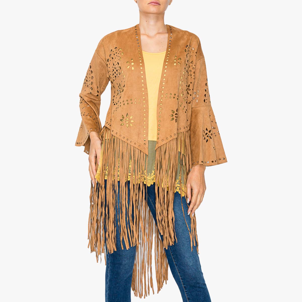 Vegan Suede Laser Cut Fringe Jacket in Camel image number 2