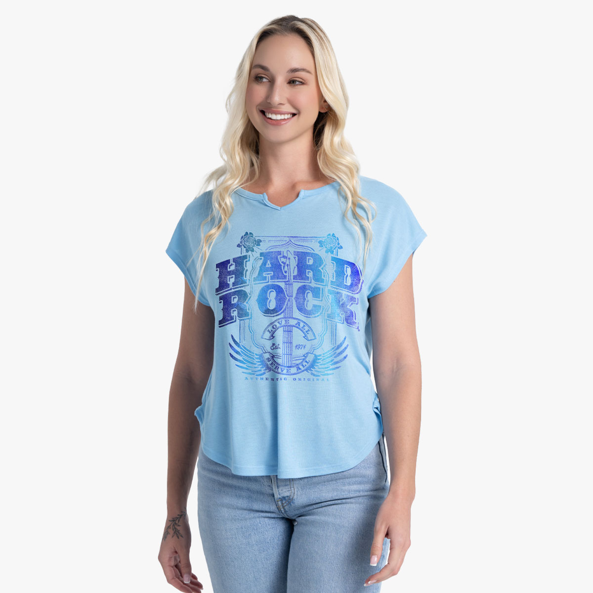 Women's Fit Cross Guitars Dreamboat V-Neck Tee in Summer Sky image number 1