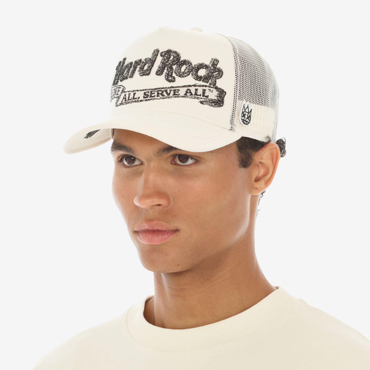 Hard Rock x Cult Banner Motto Mesh Trucker Hat in Winter White image number 2