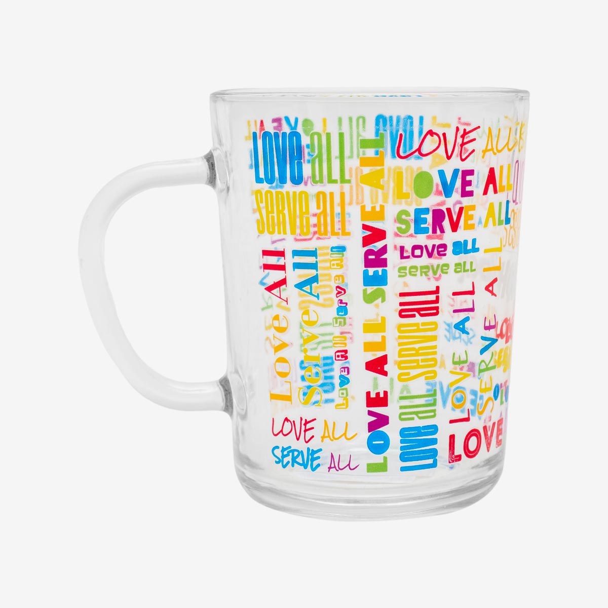 Pride Allover Print Glass Mug with Love All Serve All Motto image number 1