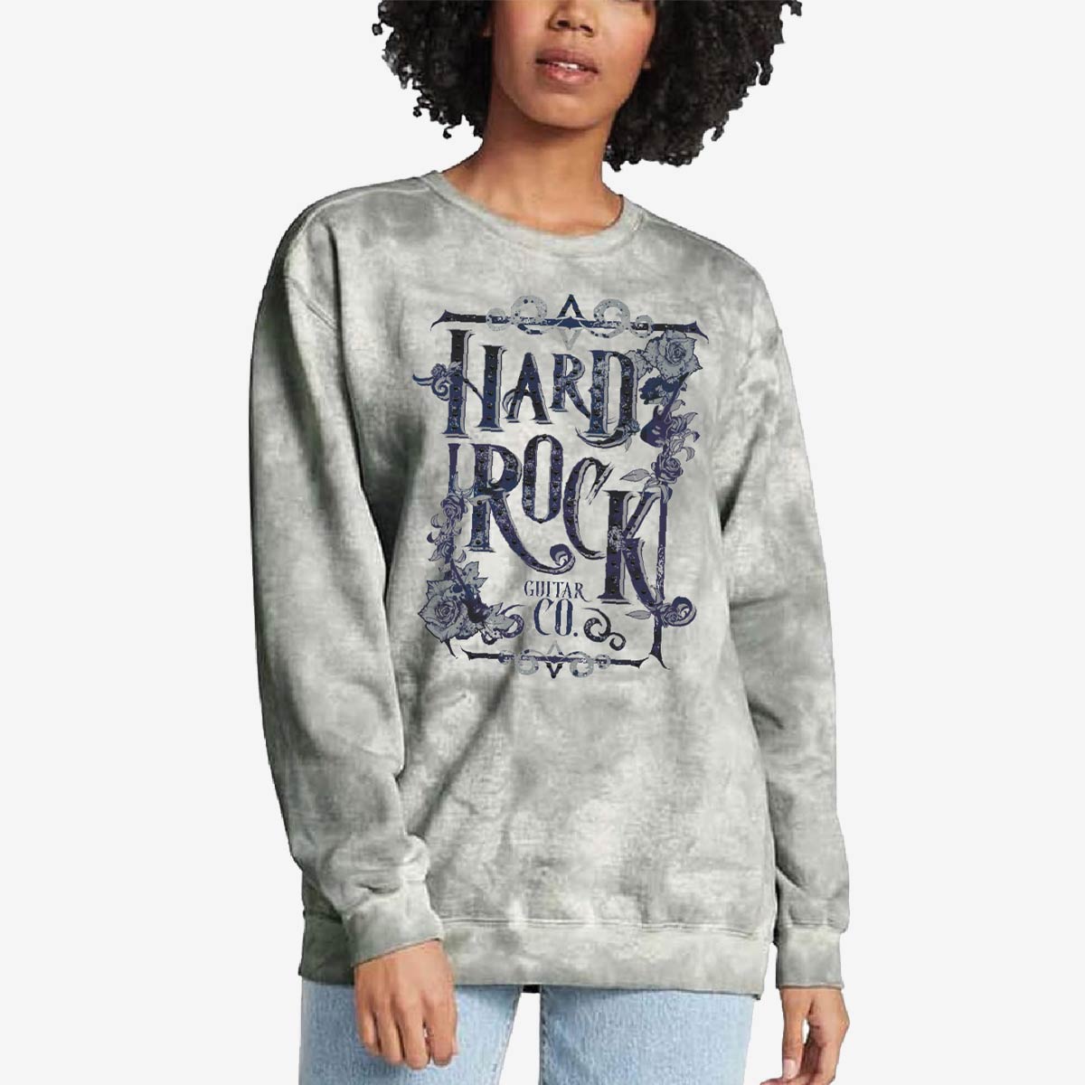 Guitar Company Slim Fit Crewneck Fleece in Washed Cloud Grey with Roses Motif image number 1