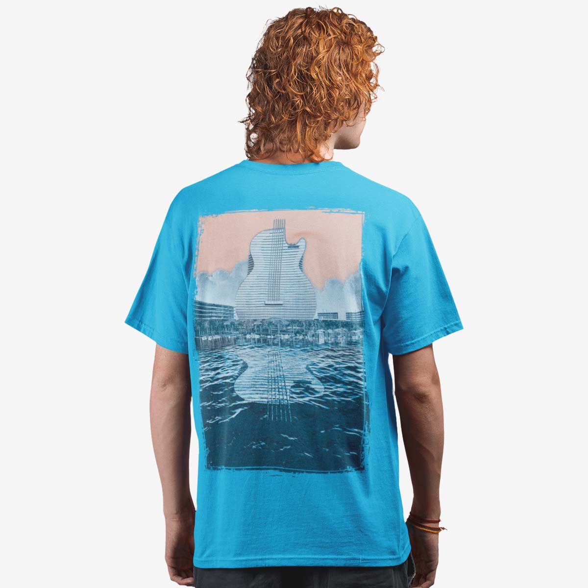 Guitar Hotel Adult Fit Tee in Aqua with Reflection Design image number 7