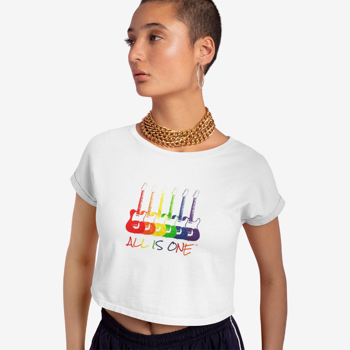 Retro Cropped Top Tee with Rainbow Guitars All Is One Design image number 6