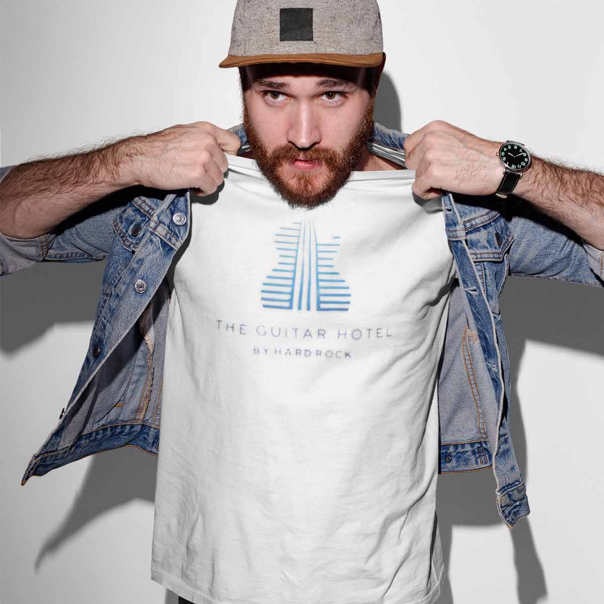 Men's Guitar Hotel White Digital Print Logo Tee image number 1