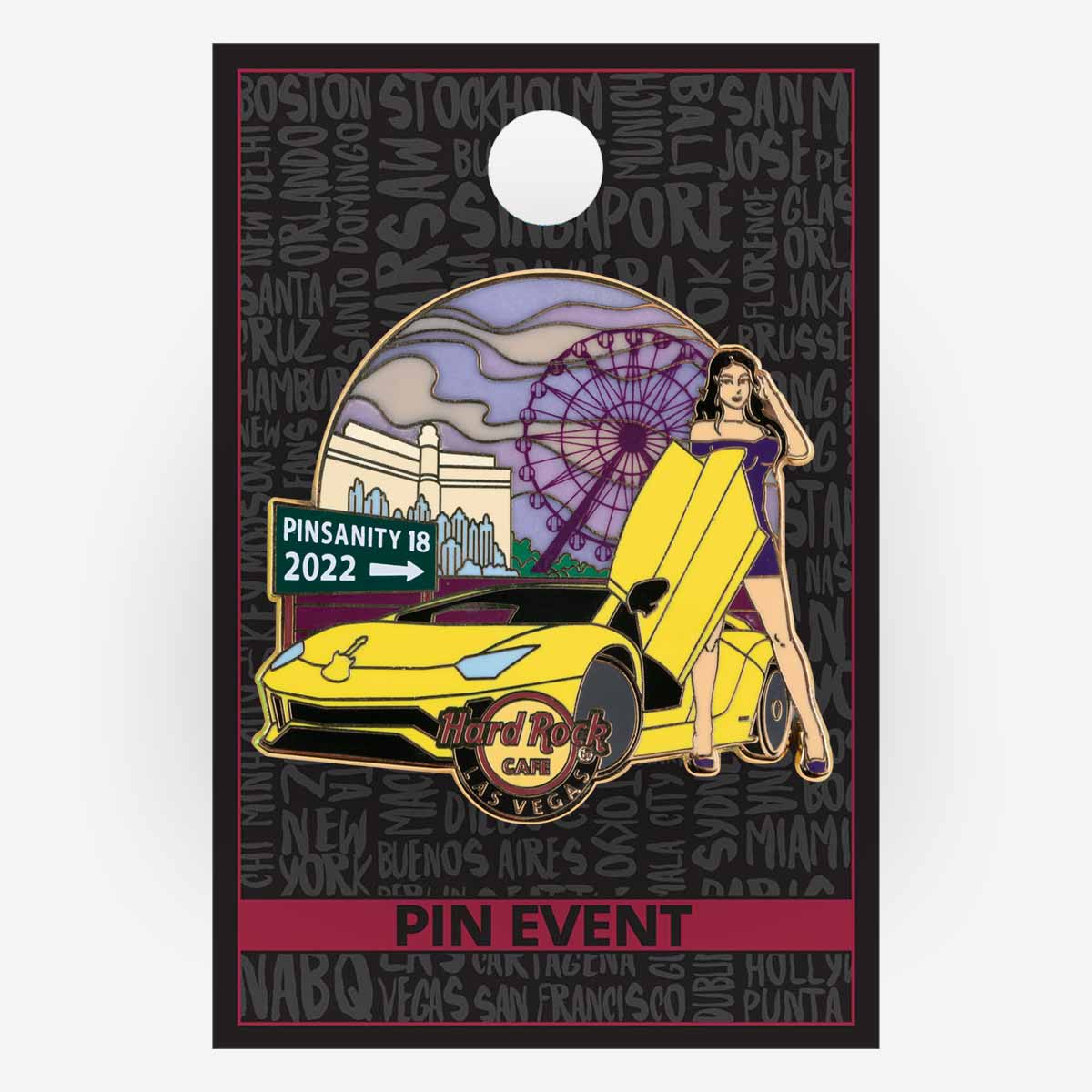 Hard Rock Pinsanity 18 Pin with Las Vegas Brunette Lady and Yellow Car image number 1