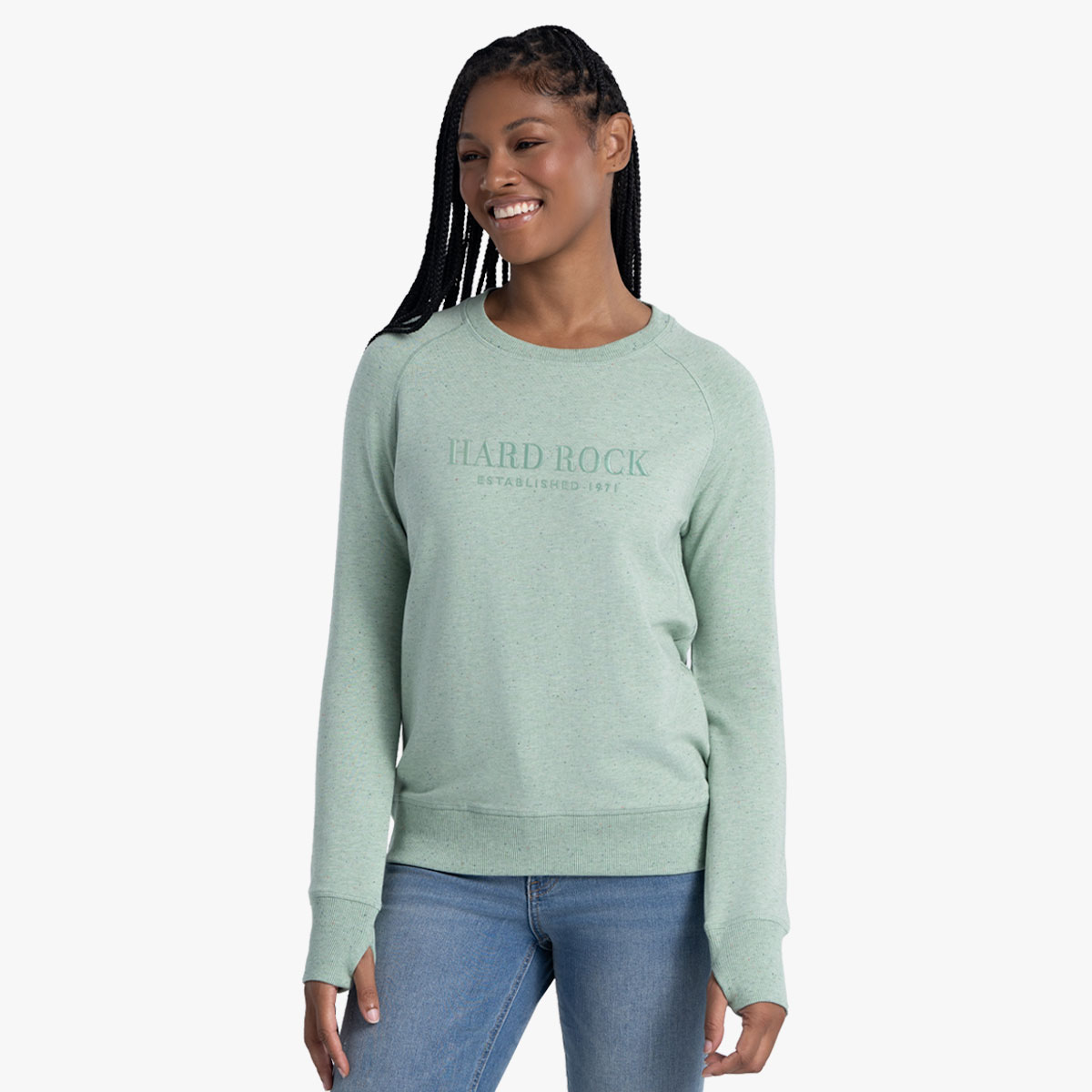 Women's Fit Cross Guitars Confetti Longsleeve Tee in Laurel Green image number 1