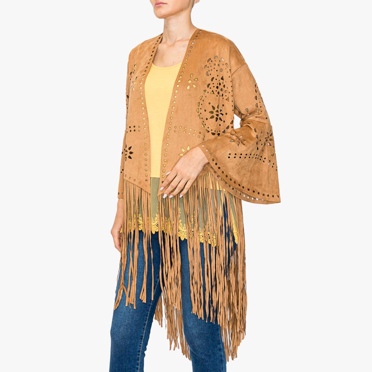 Vegan Suede Laser Cut Fringe Jacket in Camel image number 1