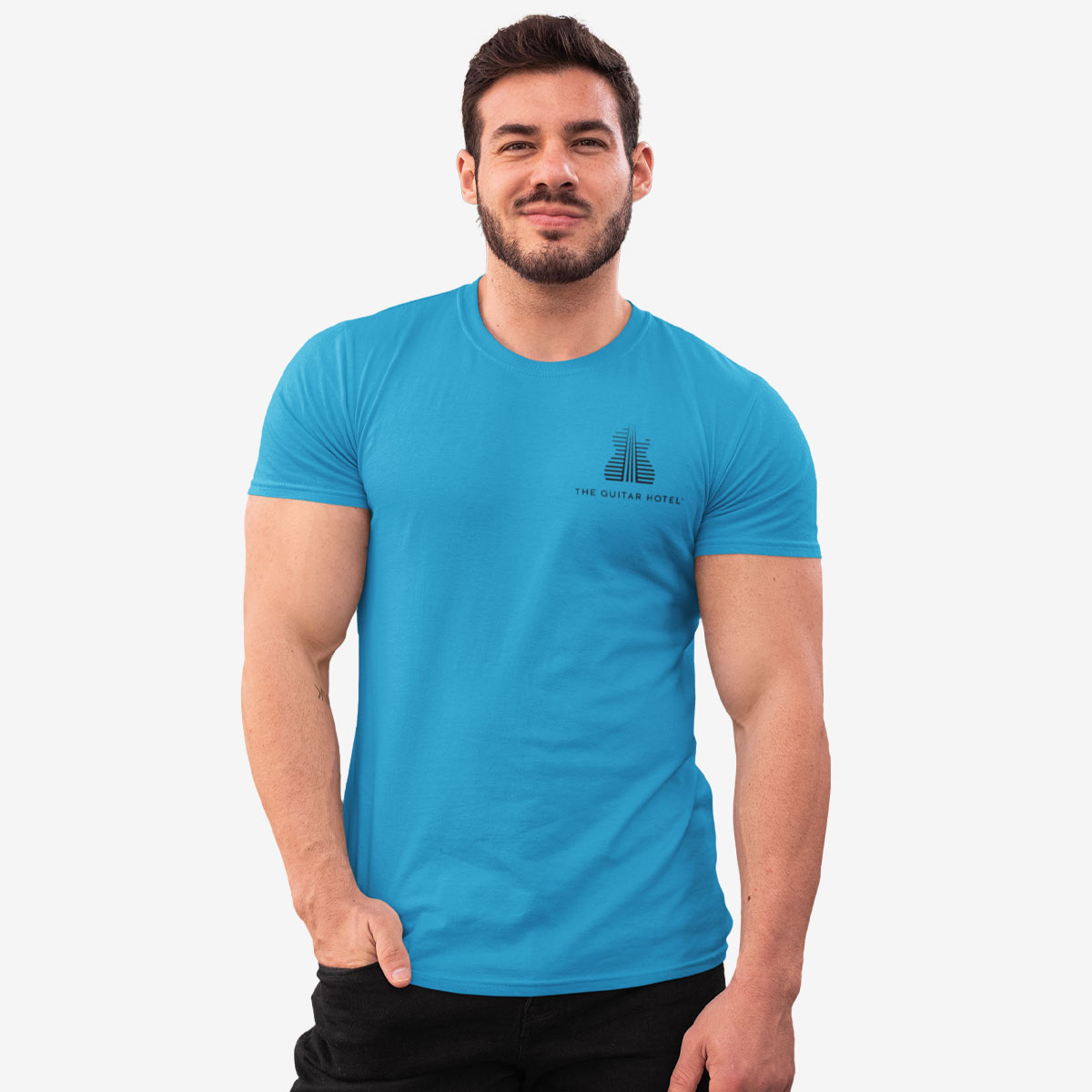 Guitar Hotel Adult Fit Tee in Aqua with Reflection Design image number 3