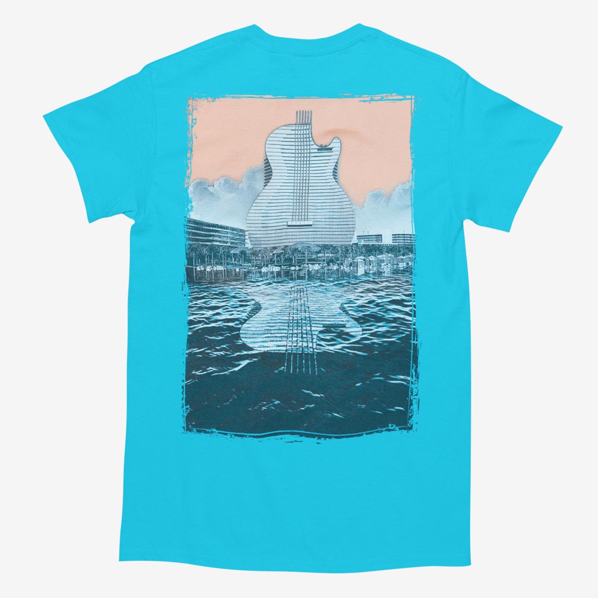 Guitar Hotel Adult Fit Tee in Aqua with Reflection Design image number 2